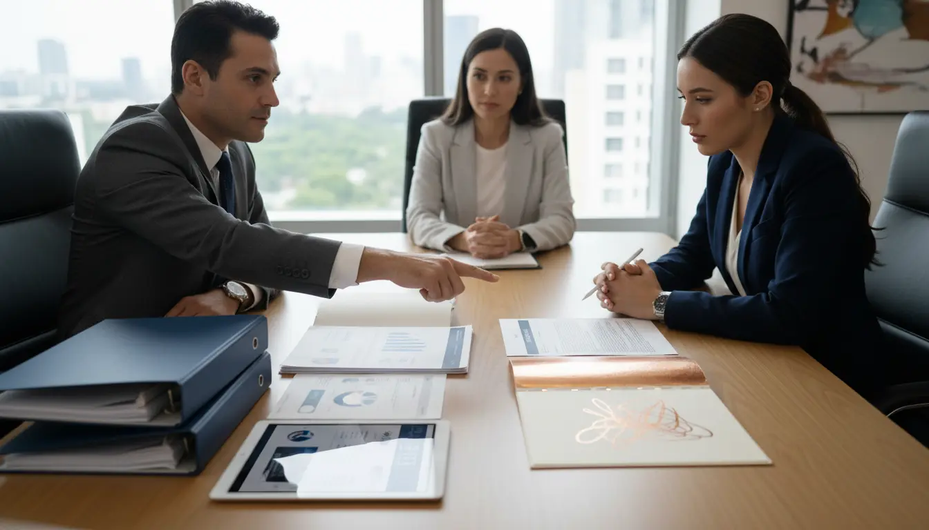Profissionais de negócios discutindo a melhor opção: agência de e-commerce full service vs. boutique