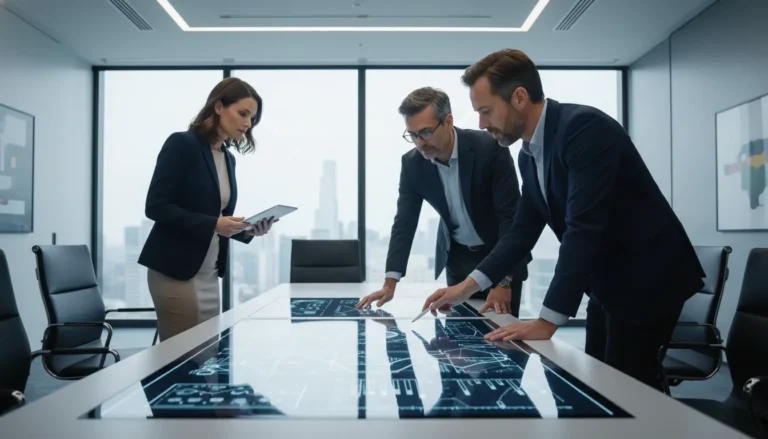 Consultoria para e-commerce: Profissionais de negócios em reunião estratégica utilizando mesa interativa com dados digitais