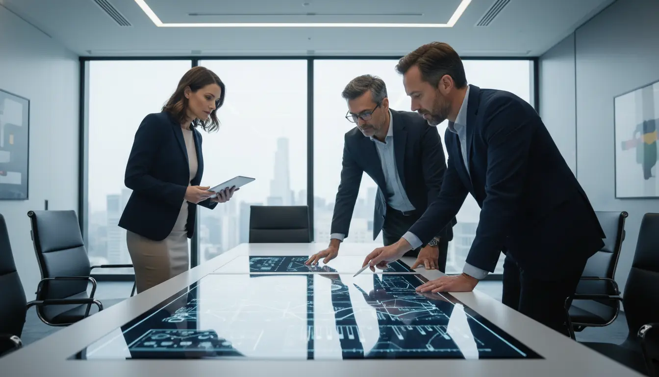 Consultoria para e-commerce: Profissionais de negócios em reunião estratégica utilizando mesa interativa com dados digitais