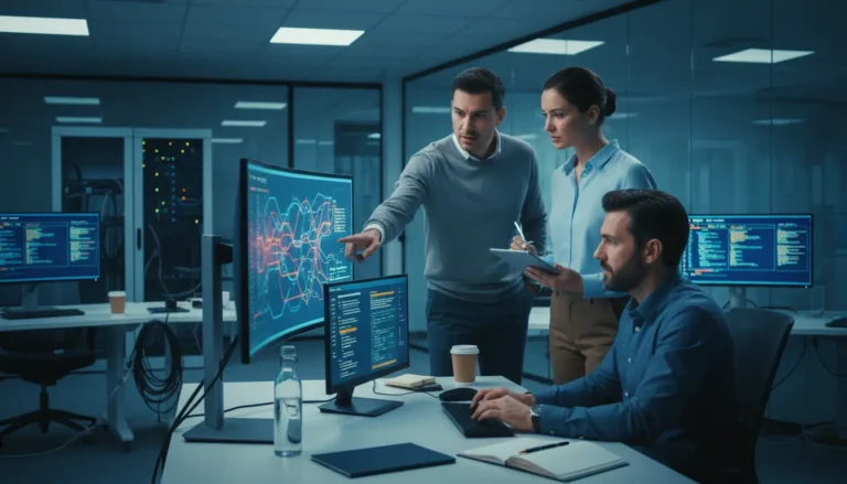 Equipe de profissionais de tecnologia analisando dados complexos em monitores