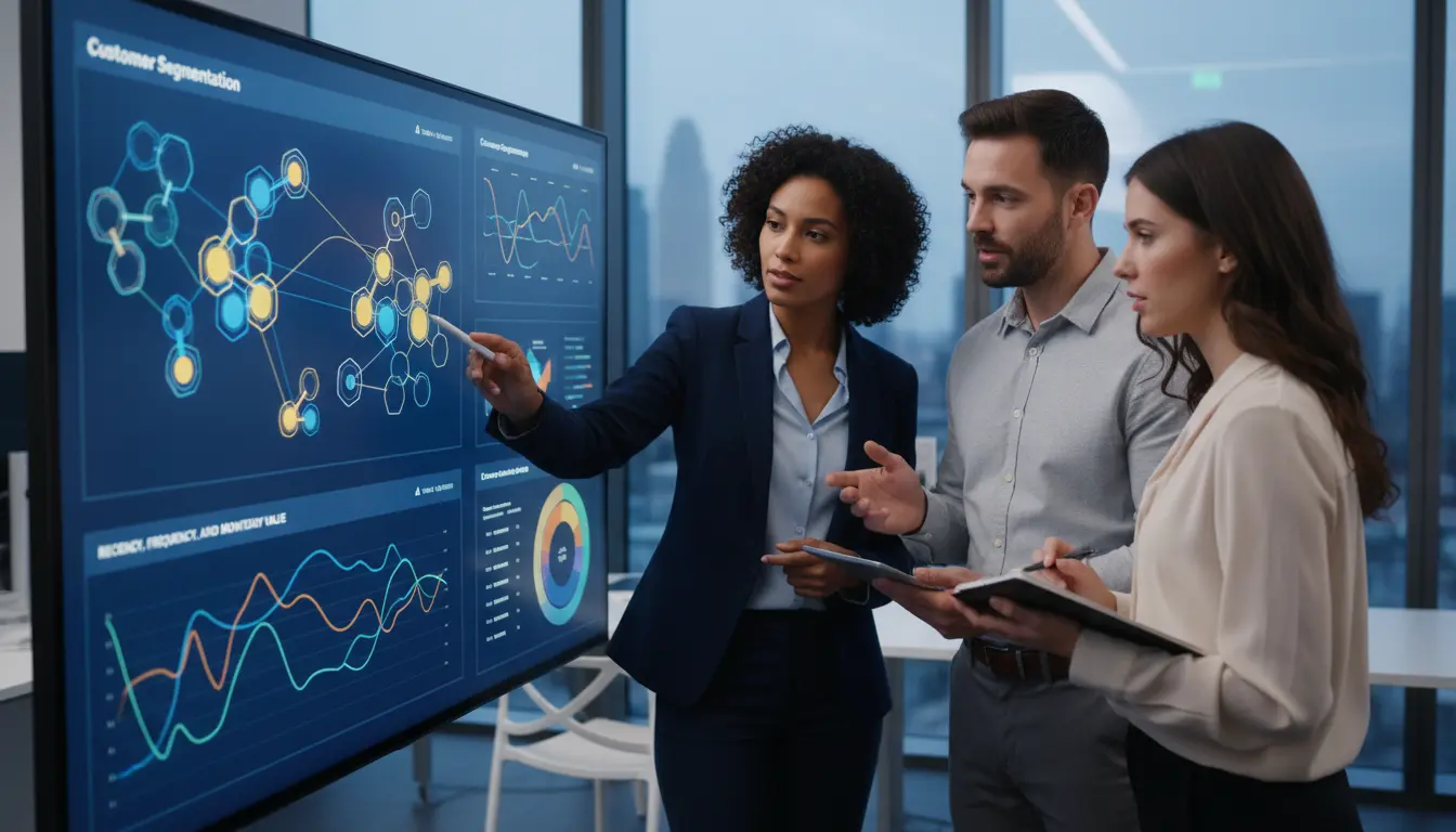 Consultora de CRM apresenta insights de dados de clientes utilizando a metodologia RFM em um painel digital interativo para dois colegas em um ambiente de escritório moderno