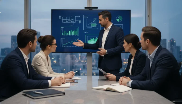 Equipe de negócios em reunião estratégica analisando dados e gráficos sobre a viabilidade de um projeto