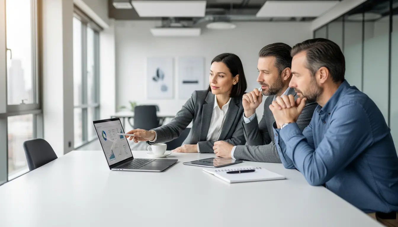 Consultora de e-commerce apresenta dados de desempenho em laptop para clientes