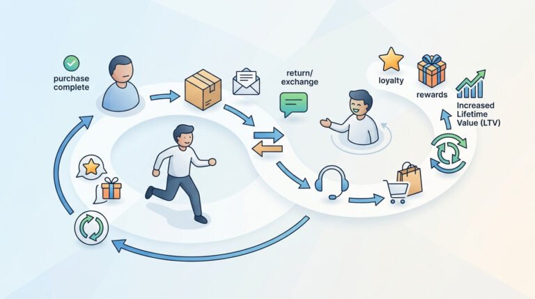 Ilustração visual do ciclo de pós-venda no e-commerce, mostrando como a excelência na entrega, o suporte ao cliente, a comunicação proativa e programas de fidelidade impulsionam a retenção, recompensas e o aumento do lifetime value.