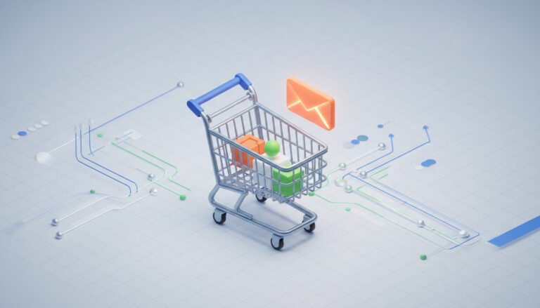 Carrinho de compras digital com produtos e um ícone de e-mail com gráfico, simbolizando o uso de CRM para recuperação de carrinho no e-commerce.