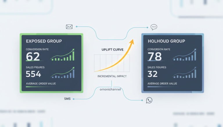 Infográfico gerado em IA de holdout test crm comparando grupo exposto e holdout, mostrando a incrementalidade de email, SMS e WhatsApp nas taxas de conversão e vendas com curva de uplift.