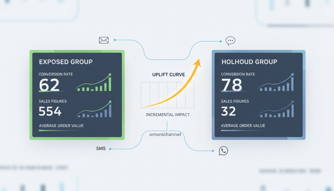 Infográfico gerado em IA de holdout test crm comparando grupo exposto e holdout, mostrando a incrementalidade de email, SMS e WhatsApp nas taxas de conversão e vendas com curva de uplift.