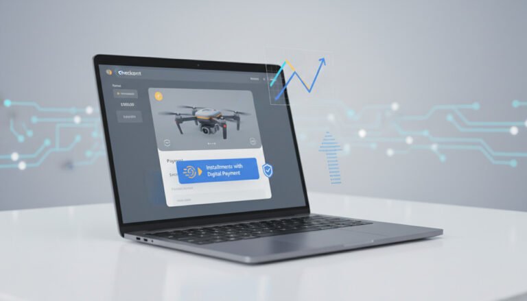 Interface de e-commerce em laptop exibindo um drone e opções de compra, simbolizando o impacto do pix parcelado ecommerce na conversão, ticket médio e risco operacional.