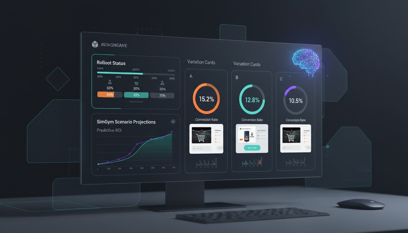 Um dashboard moderno e escuro exibindo métricas de performance, status de rollout e um ícone de cérebro representando IA, ilustrando um teste a b shopify avançado para otimizar conversões e vendas.