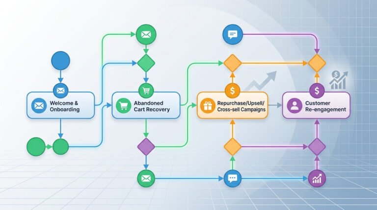 Imagem gerada por IA de um fluxograma detalhado de automação de CRM, ilustrando fluxos essenciais para e-commerce como boas-vindas, recuperação de carrinho abandonado, campanhas de recompra, upsell/cross-sell e reengajamento de clientes, visando aumentar o LTV.