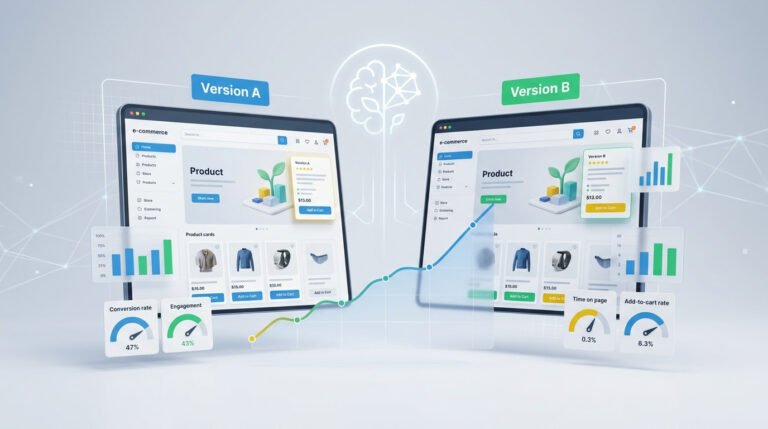 Ilustração feita por IA de um teste A/B em e-commerce, com duas telas de tablet apresentando as versões A e B de uma loja online. As telas exibem métricas de desempenho e gráficos comparativos.