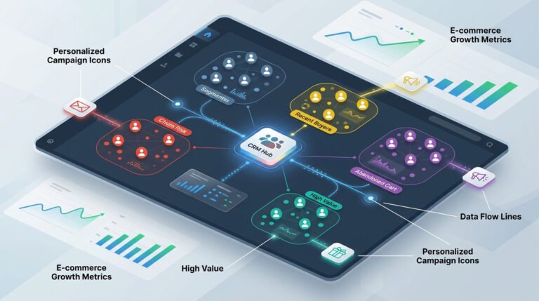 Ilustração gerada por IA de um diagrama de segmentação com CRM exibido em um tablet, mostrando a organização de diferentes clusters de clientes para campanhas personalizadas e otimização de vendas no e-commerce, incluindo métricas de crescimento e identificação de clientes de alto valor.