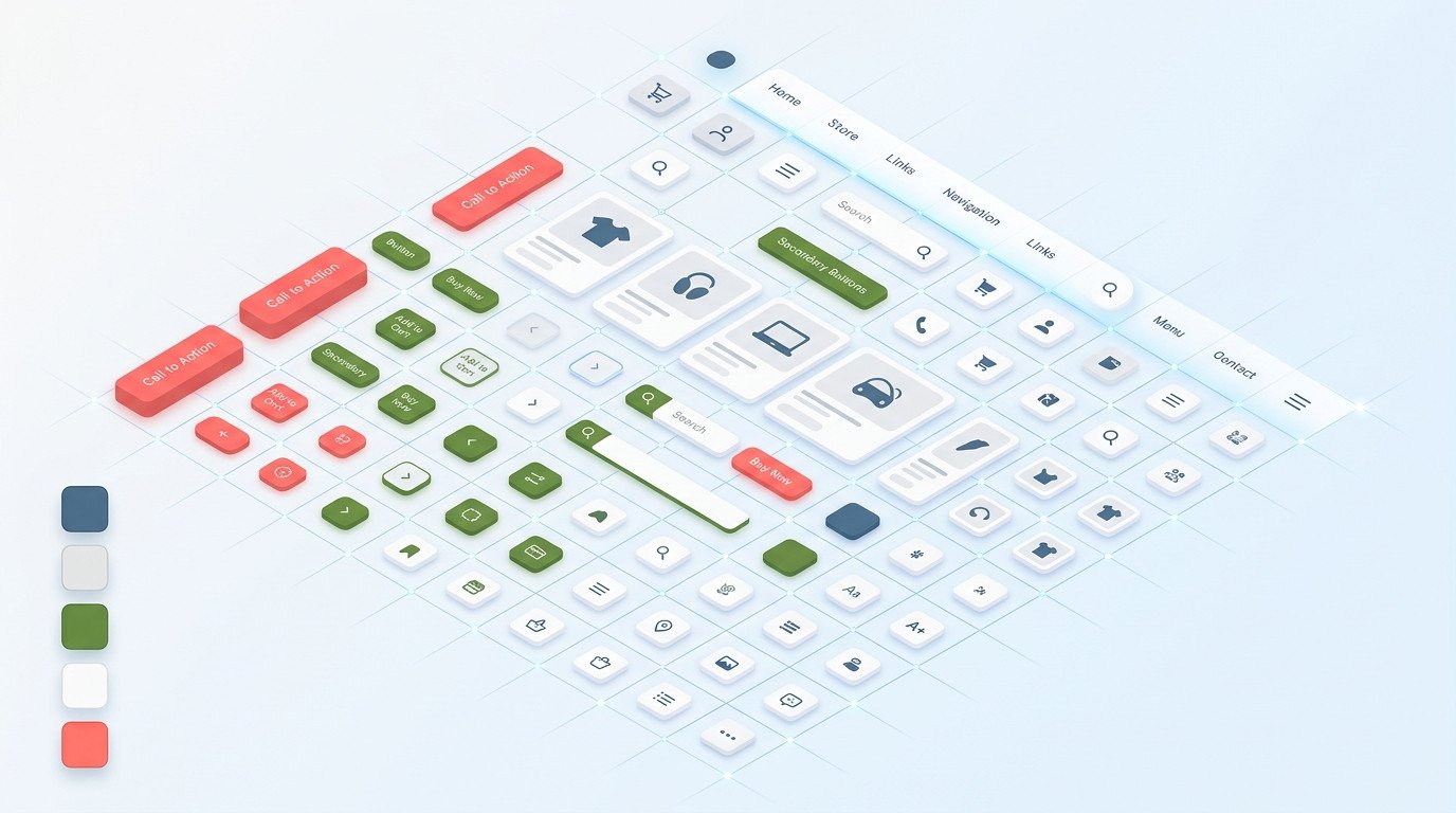 Imagem gerada por ia do design system completo com componentes de interface do usuário em perspectiva isométrica, incluindo botões, ícones e campos.