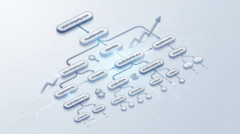 Ilustração 3D de uma estrutura de URLs hierárquica e organizada, essencial para e-commerce, demonstrando clareza e escalabilidade em SEO.