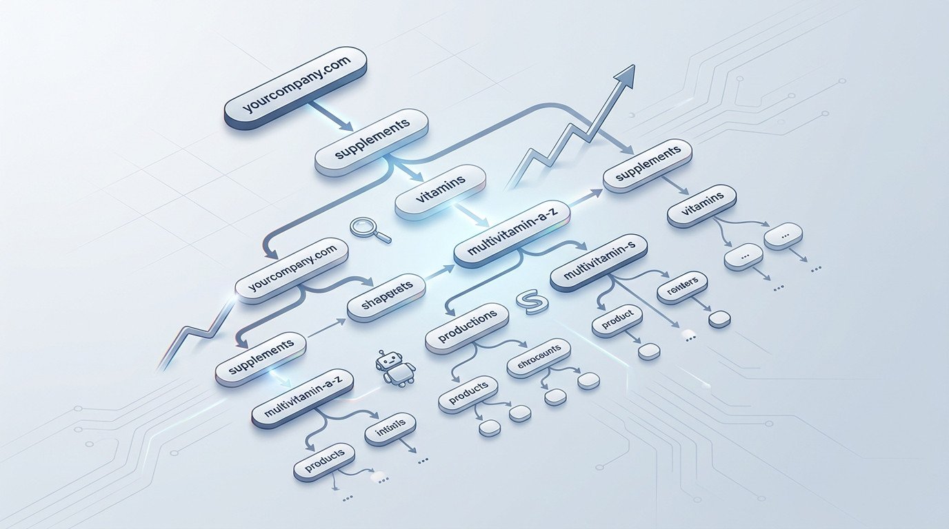 Ilustração 3D de uma estrutura de URLs hierárquica e organizada, essencial para e-commerce, demonstrando clareza e escalabilidade em SEO.