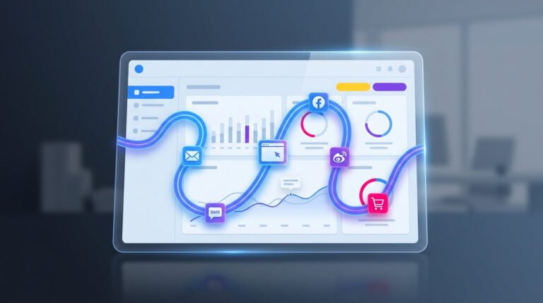 Dashboard digital em um tablet transparente exibindo a jornada do cliente com CRM, com um fluxo visual de etapas interconectadas, ícones de comunicação e gráficos de análise, ilustrando a otimização de processos.
