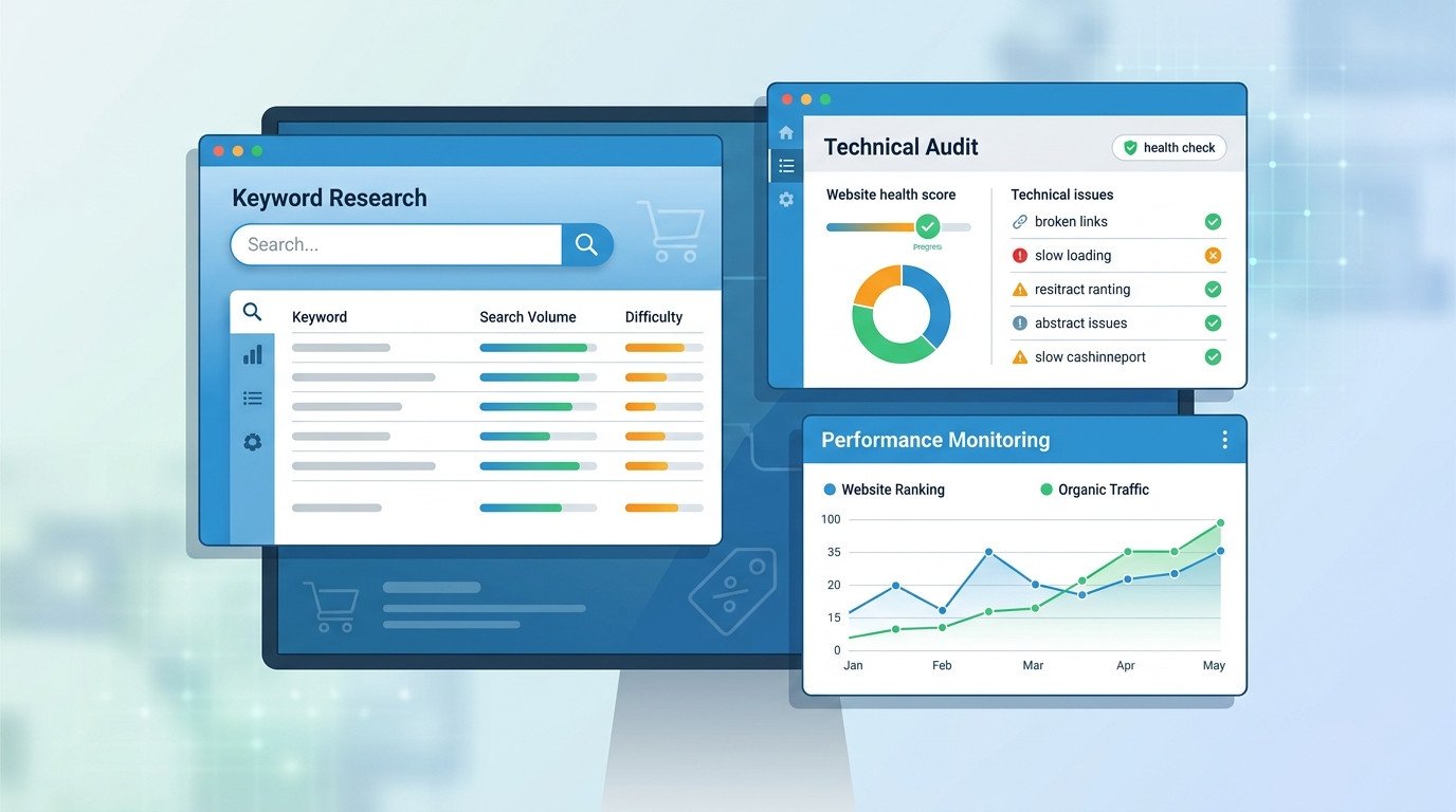 Interfaces de ferramentas de SEO para e-commerce exibindo pesquisa de palavras-chave, auditoria técnica e monitoramento de desempenho para otimização de lojas virtuais.