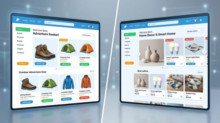 Imagem gerada por IA de personalização no e-commerce ilustrada por duas interfaces de lojas online distintas, uma com produtos de aventura e outra com itens para casa.