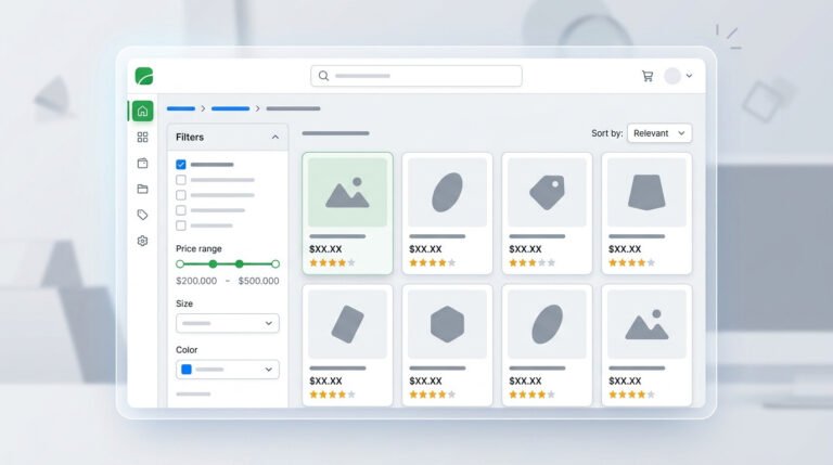 Interface moderna de e-commerce exibindo produtos em grade, com filtros intuitivos de preço, tamanho e cor na barra lateral, demonstrando um design otimizado para melhorar a experiência do usuário e aumentar a conversão.