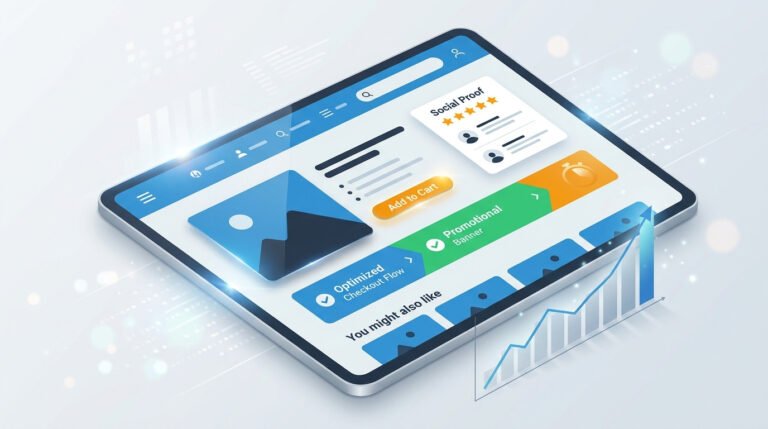 Interface gerada por IA de e-commerce em tablet com design otimizado, exibindo produtos, avaliações de clientes e gráficos de análise de dados, essencial para aumentar a conversão.