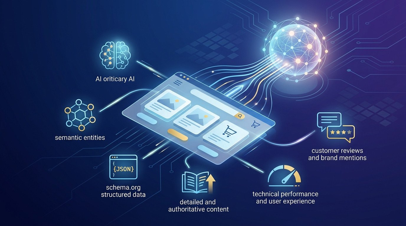 Diagrama de fluxo ilustrando como a integração de inteligência artificial (IA), dados estruturados (schema.org), conteúdo otimizado, reviews de clientes e desempenho técnico em uma loja virtual atrai tráfego de IA para e-commerce.