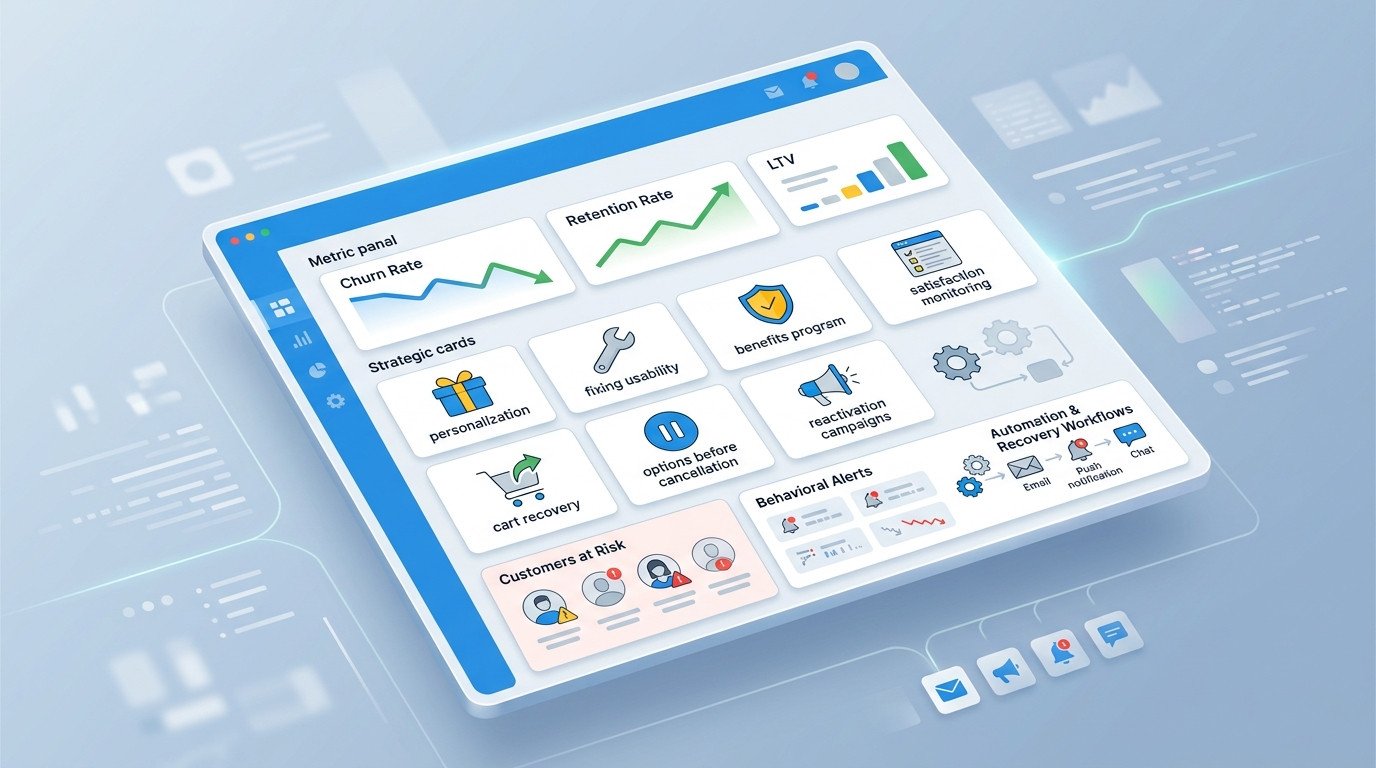 Dashboard digital gerado por IA com gráficos e métricas de e-commerce para analisar a retenção de clientes e aplicar estratégias eficazes para controlar o churn.