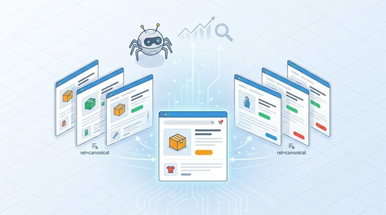 Ilustração feita em IA do robô de busca consolidando múltiplas URLs de produtos em e-commerce para uma única página principal, ilustrando a função da tag canonical para otimização de SEO e prevenção de conteúdo duplicado.