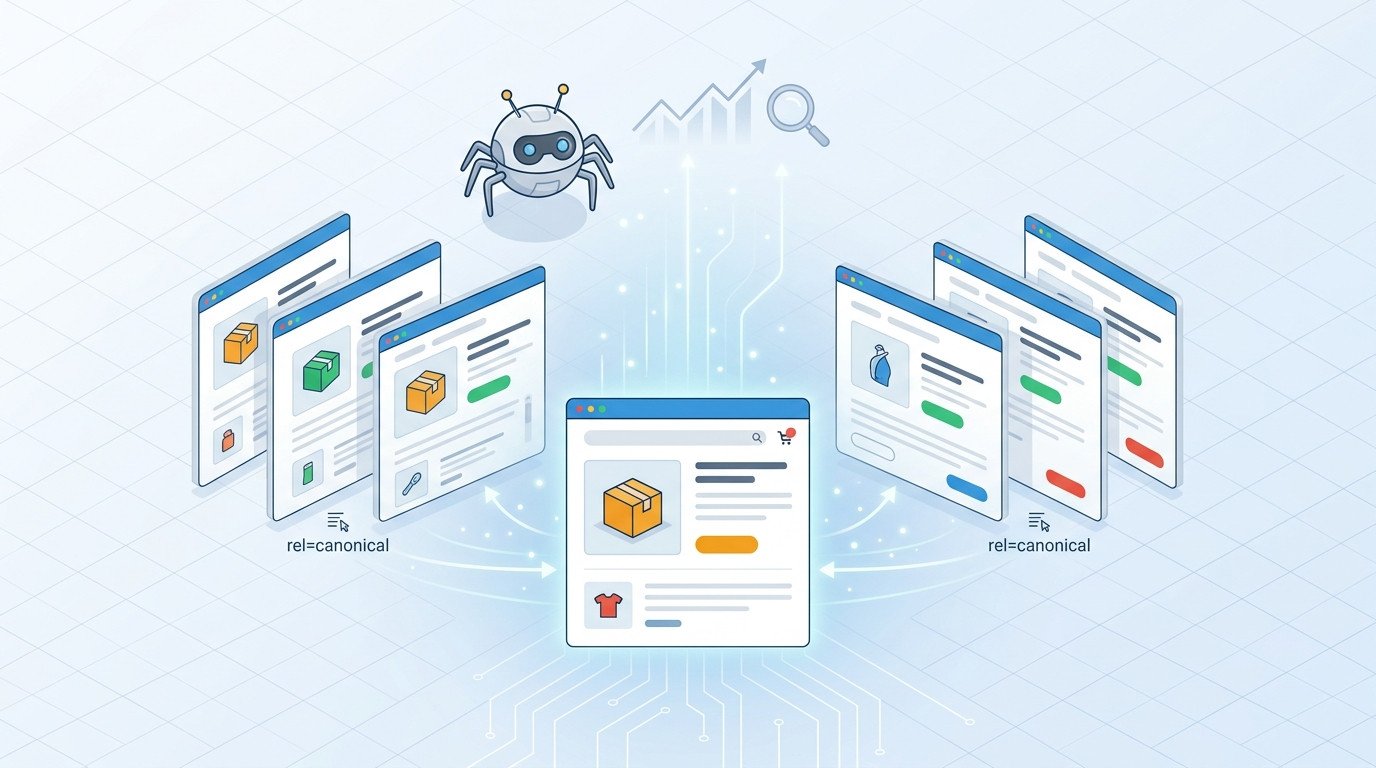 Ilustração feita em IA do robô de busca consolidando múltiplas URLs de produtos em e-commerce para uma única página principal, ilustrando a função da tag canonical para otimização de SEO e prevenção de conteúdo duplicado.