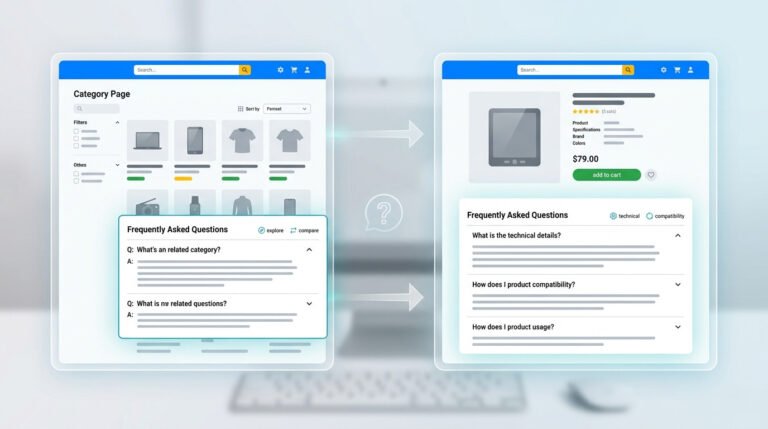 Ilustração gerada por IA de como criar FAQs realmente úteis para sua loja virtual, mostrando seções de perguntas frequentes em uma página de categoria (esquerda) e uma página de produto (direita) para melhorar a experiência do cliente.