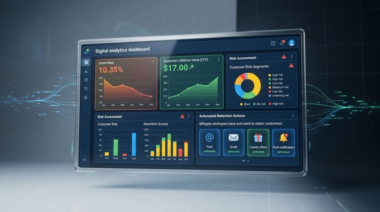 Dashboard feito com IA de analytics digital com gráficos de performance e engajamento, ferramenta visual para análise de dados e estratégias de como diminuir o churn no e-commerce.