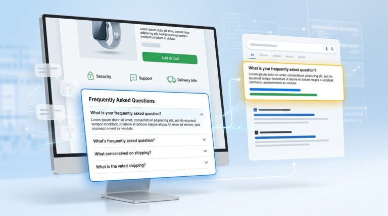 Monitor exibindo página de e-commerce, gerado em IA, com seção de Perguntas Frequentes (FAQs) em destaque, ilustrando a importância dos FAQs para esclarecer dúvidas e melhorar a experiência do cliente online.