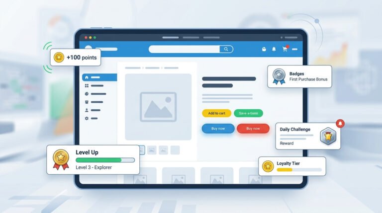 Interface feita em IA da tela de computador exibindo exemplos práticos de gamificação aplicada em um e-commerce, com pop-ups de pontos ganhos, distintivos (badges), desafios diários, e notificações de avanço de nível de usuário.