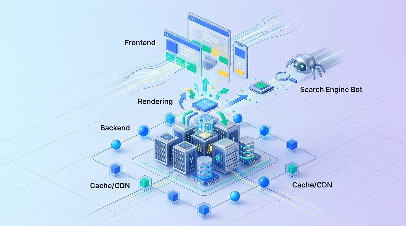 Infográfico feito em IA da arquitetura de um site dinâmico, detalhando frontend, backend, renderização, cache/CDN e interação com bots de busca, mostrando como criar um site rápido e amigável para buscadores.