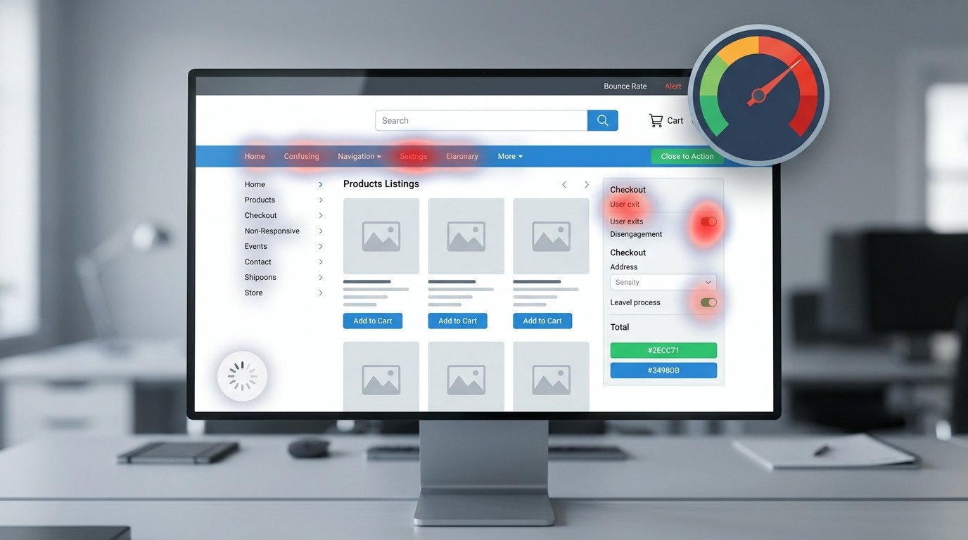Tela de computador feita em IA de uma análise de mapa de calor e medidor de desempenho em um site de e-commerce, mostrando a importância da usabilidade para evitar uma alta taxa de rejeição.