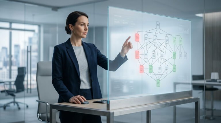 Mulher de negócios em um escritório moderno analisando um diagrama digital com nós em vermelho e verde em uma tela transparente, ilustrando a tomada de decisões estratégicas para o content pruning eficaz.