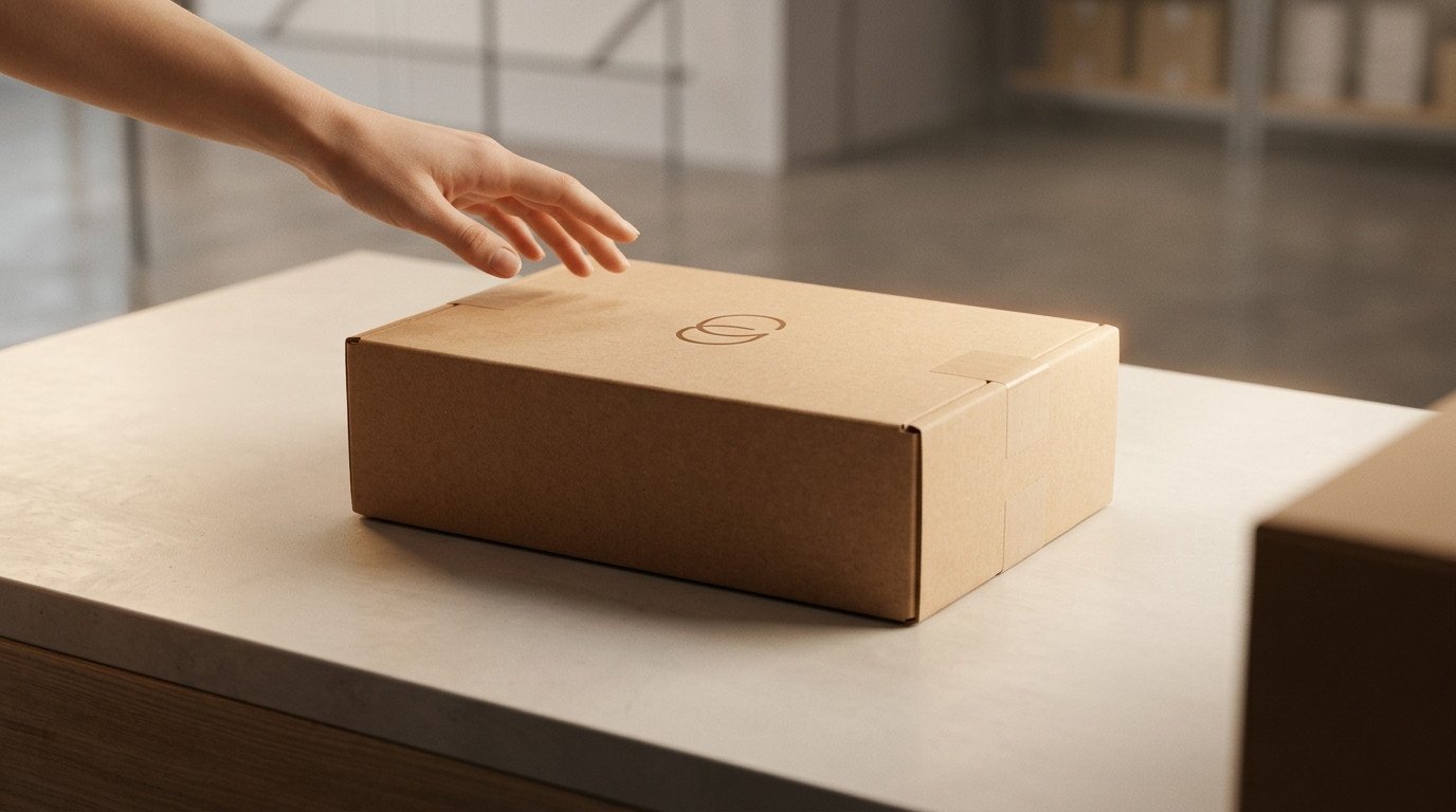 Mão de cliente se preparando para o unboxing de uma embalagem de e-commerce, um momento chave para como melhorar a experiência de compra dos clientes do e-commerce.