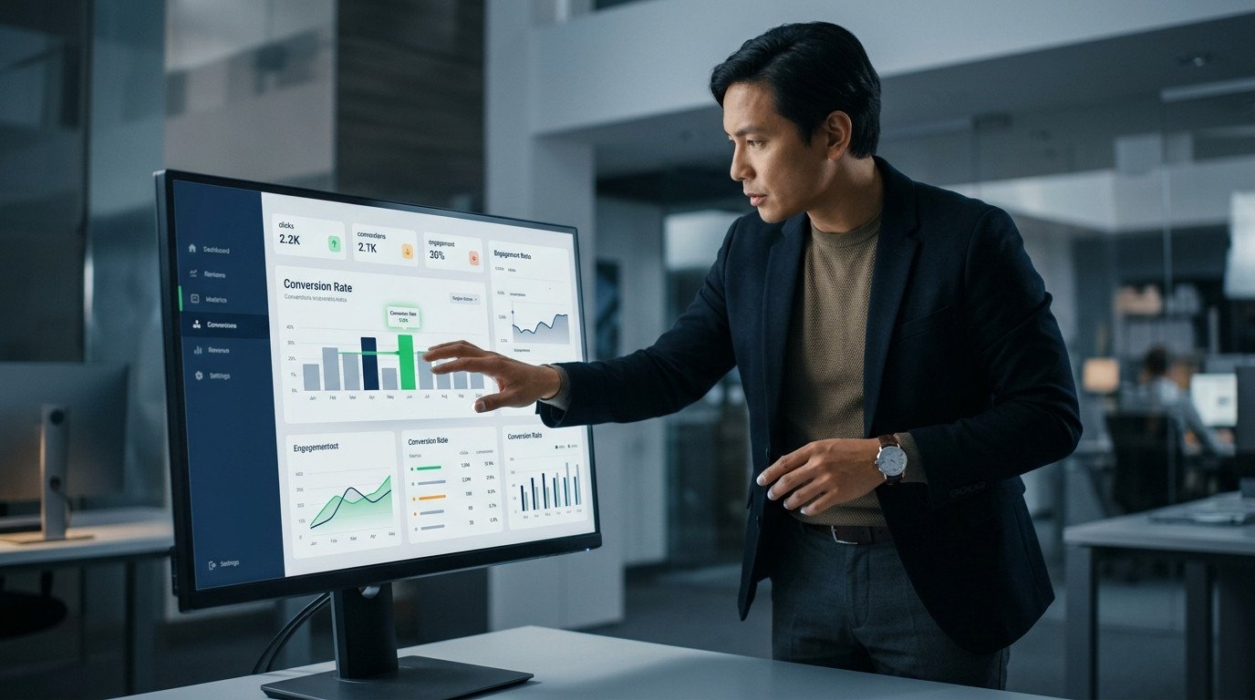Homem de negócios analisando dashboards de e-mail marketing em um monitor, visualizando métricas importantes para saber quantas pessoas leram meu e-mail marketing.