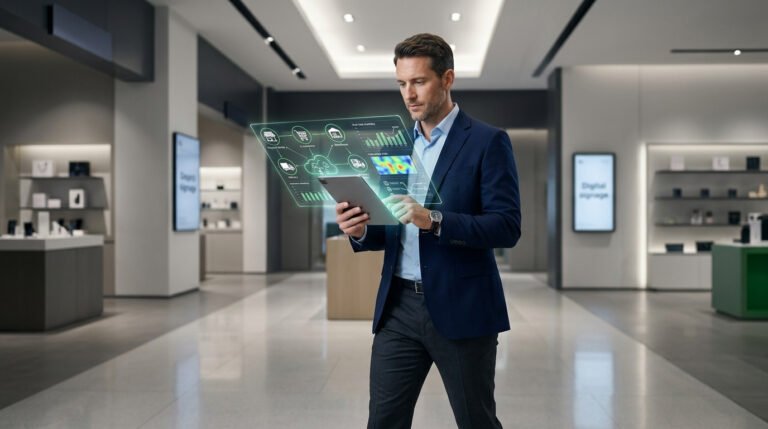 Homem em um ambiente de varejo moderno usando um tablet com interface holográfica de dados, ilustrando a integração tecnológica essencial para entender qual a relação entre omnichannel e e-commerce.