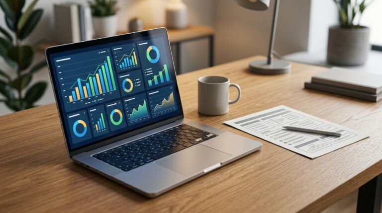 Notebook aberto em uma mesa de madeira exibindo gráficos de métricas e relatórios de anúncios digitais, ideal para ilustrar o processo de como calcular custo por mil impressões.