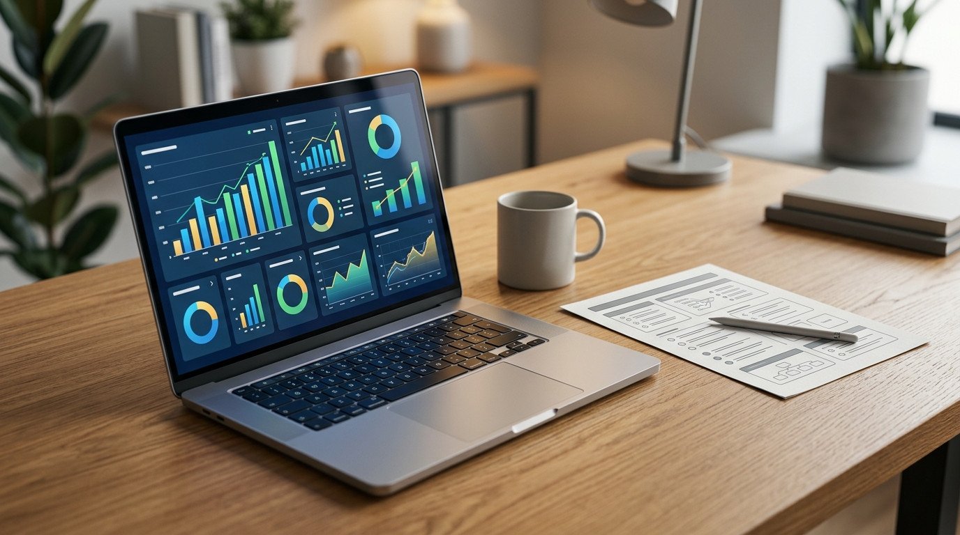 Notebook aberto em uma mesa de madeira exibindo gráficos de métricas e relatórios de anúncios digitais, ideal para ilustrar o processo de como calcular custo por mil impressões.