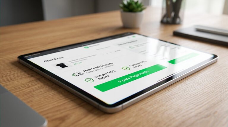 Tablet sobre mesa de madeira exibindo tela de checkout de e-commerce, representando a análise de transações necessária para planejar como fazer forecast de vendas.