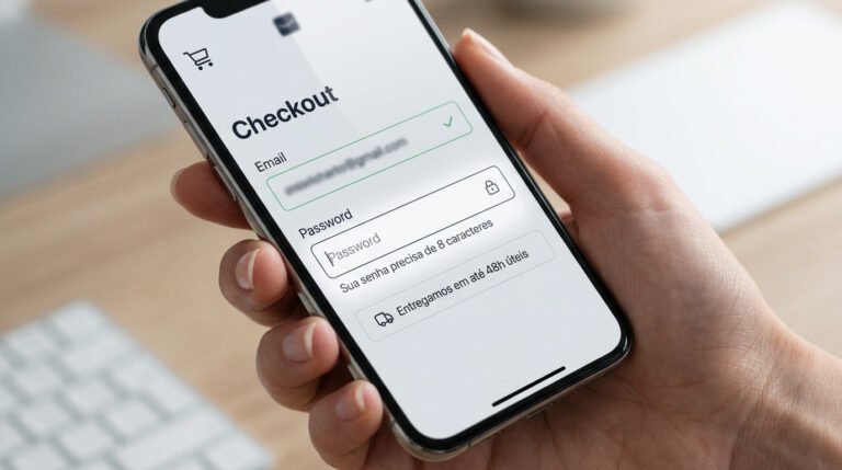Celular exibindo tela de checkout simples e otimizada, um dos elementos essenciais para entender e alcançar qual a taxa de conversão ideal para carrinho de compras no e-commerce.
