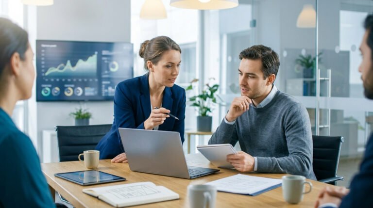 Imagem de equipe de marketing digital reunida analisando métricas em notebook para planejar como otimizar produtos para SEO e ranquear no topo do Google.