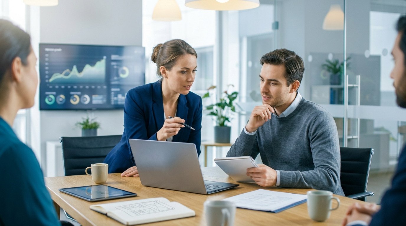 Imagem de equipe de marketing digital reunida analisando métricas em notebook para planejar como otimizar produtos para SEO e ranquear no topo do Google.