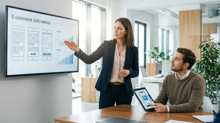 Mulher apresenta métricas de UX de aplicativo de compras em uma tela grande para colega com tablet, analisando dados sobre por que clientes preferem comprar e-commerce a ir à loja física.