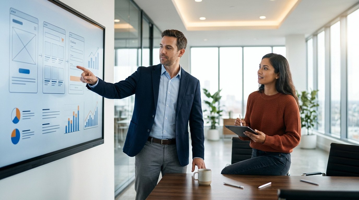 Dois especialistas analisam gráficos de desempenho em tela digital durante planejamento estratégico sobre quanto custa contratar uma agência para criar um e commerce.