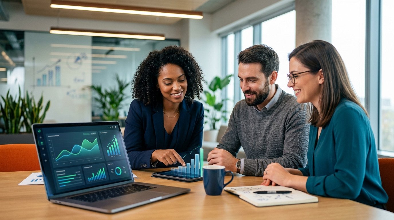 Três profissionais reunidos analisando gráficos de desempenho e métricas financeiras em uma tela de notebook, exemplificando o processo de como calcular a frequência de compra de um e-commerce.