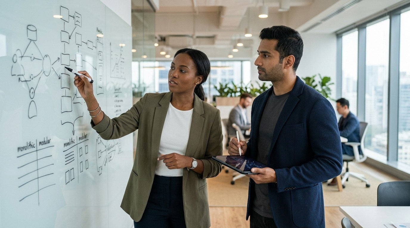 Imagem de dois profissionais de tecnologia analisam diagramas de e-commerce em um quadro branco, planejando a arquitetura de sistemas na decisão de migração ou escolha entre Shopify vs VTEX.